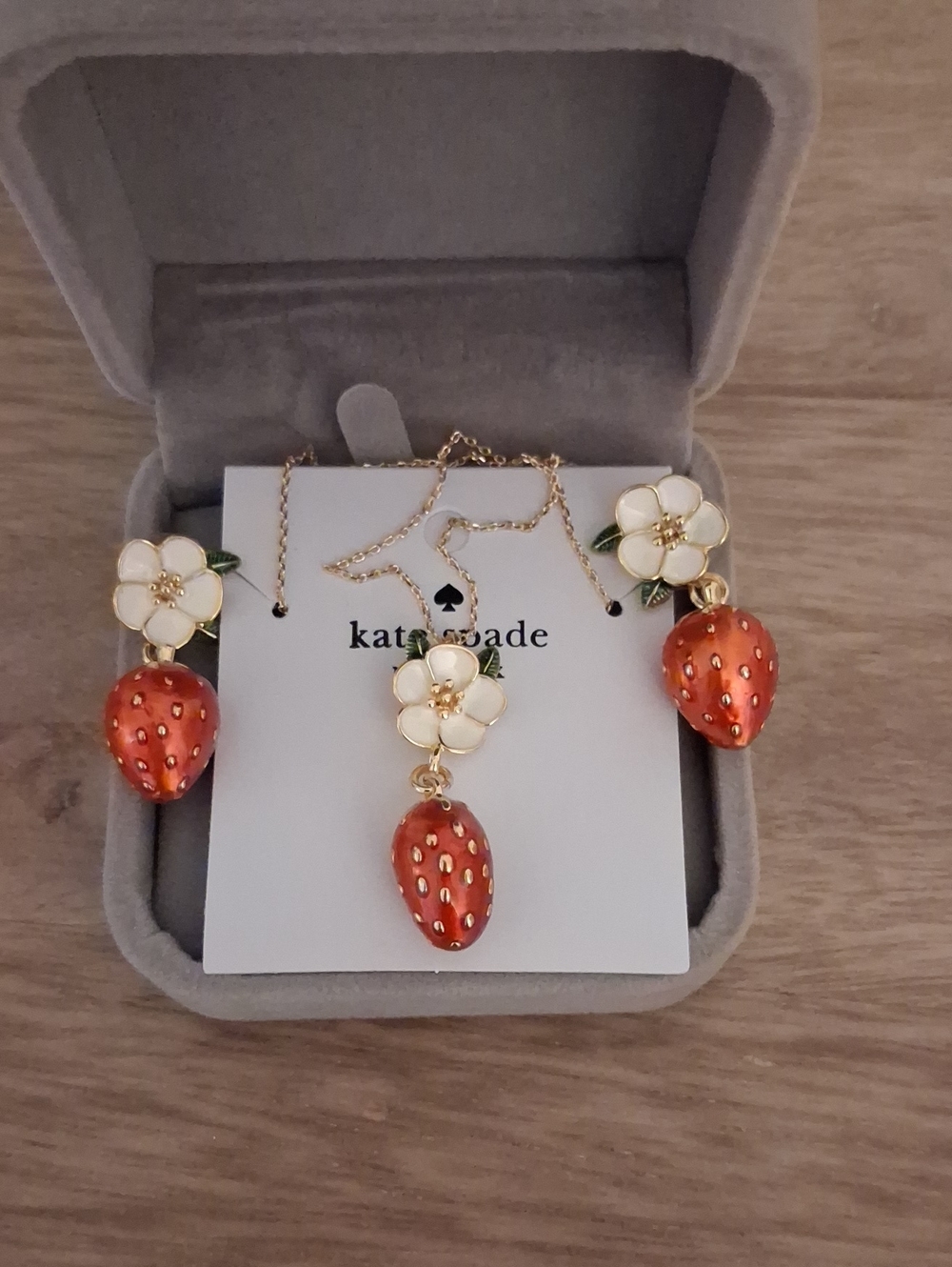 kate spade Gold-Tone Strawberry & White Flower Pendant Necklace and Earrings